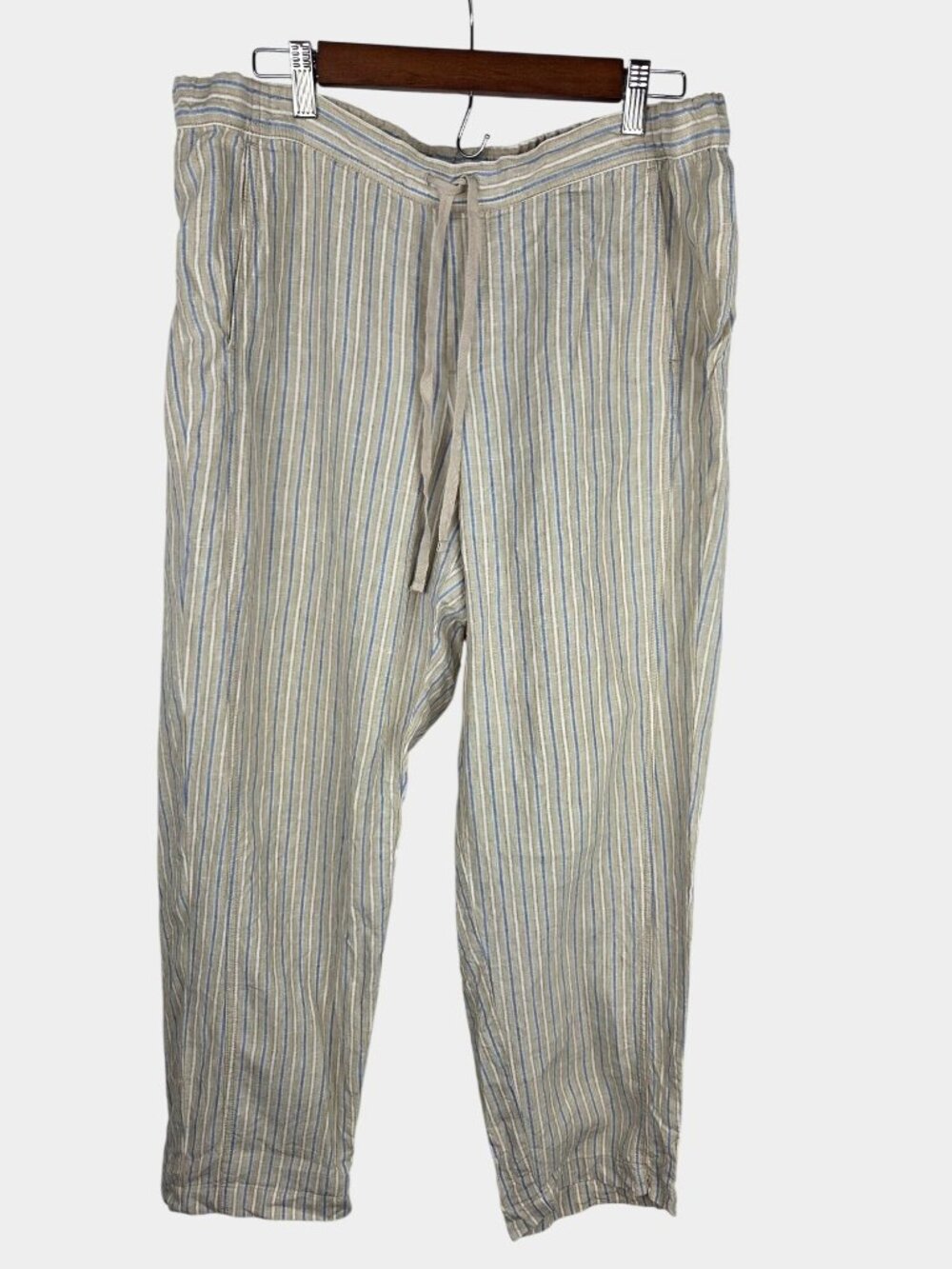 J. Jill Love Linen Striped Wide Pants Beige & Blue Drawstring Relaxed Fit Size L